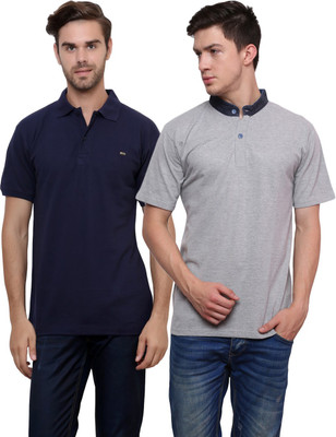 

Lemon & Vodka Solid Men's Mandarin Collar Dark Blue, Grey T-Shirt(Pack of 2