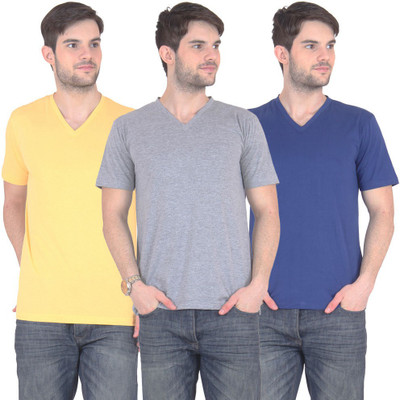 

FnMe Solid Men's V-neck Multicolor T-Shirt(Pack of 3, Blue;grey;yellow