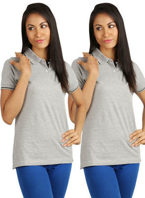 Campus Sutra Solid Women's Polo Neck Grey T-Shirt(Pack of 2)