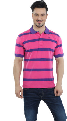 

The Cotton Company Striped Men' Polo Neck Pink T-Shirt, Pink;purple