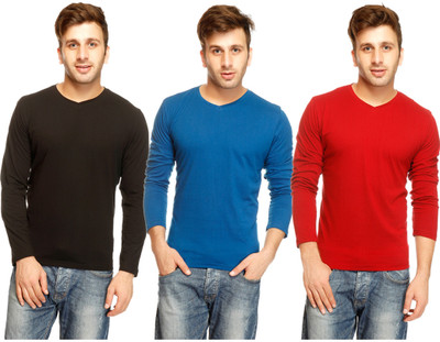 

Gritstones Solid Men's V-neck Multicolor T-Shirt(Pack of 3, Black;grey melange;indigo;maroon;navy