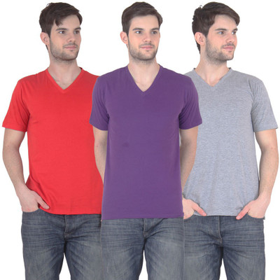 

FnMe Solid Men's V-neck Multicolor T-Shirt(Pack of 3, Grey;purple;red