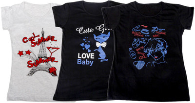 

IndiWeaves Girls Printed T Shirt(Multicolor, Gray & black & black