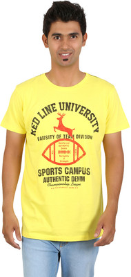 

Red Line Graphic Print Men's Round Neck Yellow T-Shirt