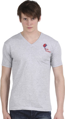 

Tease Denim Embroidered Men's V-neck Grey T-Shirt, Grey melange
