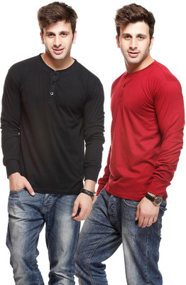 

Gritstones Solid Men's Henley Black, Maroon T-Shirt(Pack of 2