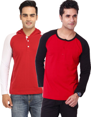 

Leana Solid Men' Henley Multicolor T-Shirt(Pack of 2, Red-red