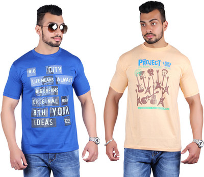 

Shineway Printed Men's Round Neck Multicolor T-Shirt(Pack of 2, Blue;orange