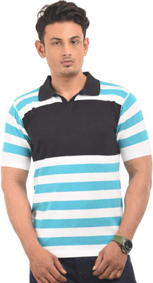 AMX Striped Men Polo Neck White T-Shirt