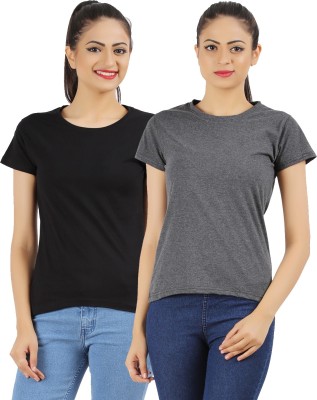 Ap'pulse Solid Women Round Neck Black, Grey T-Shirt