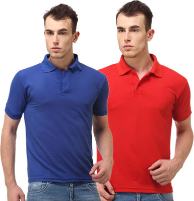 

Lime Solid Men's Polo Neck Blue, Red T-Shirt(Pack of 2