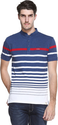 

Octave Striped Men's Mandarin Collar Blue T-Shirt, Bluemelange