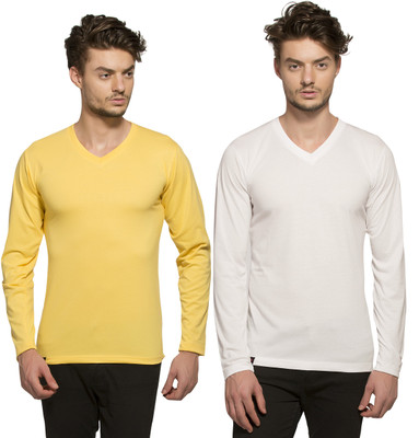 

Alan Jones Solid Men's V-neck White T-Shirt(Pack of 2, Gold and white