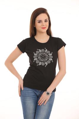 Ultra Fit Printed Women's Round Neck Black T-Shirt