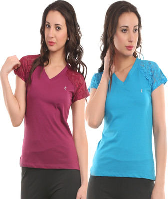 

Ultra Fit Solid Women's V-neck Maroon, Blue T-Shirt(Pack of 2), Skyblue;wine