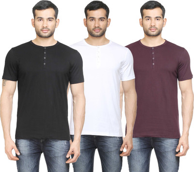 

Poshuis Solid Men's Henley Black, White, Maroon T-Shirt(Pack of 3, Black;dark maroon;white