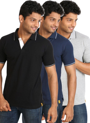

Campus Sutra Solid Men Polo Neck Black, Blue, Grey T-Shirt(Pack of 3