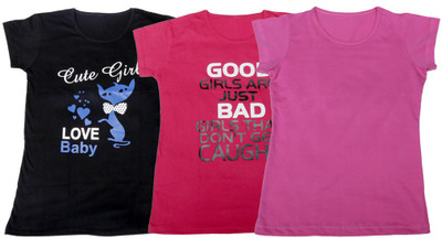 

IndiWeaves Girls Printed, Solid T Shirt(Multicolor, Black & pink & pink