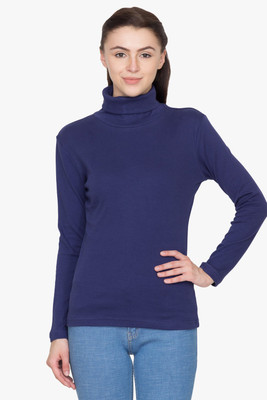 

Hypernation Solid Women's Turtle Neck Dark Blue T-Shirt, Navy