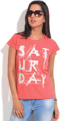 

People Printed Women's Round Neck Pink T-Shirt, Calypso coral