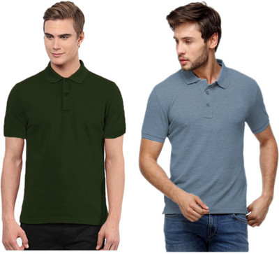 

Gold Axe Solid Men's Polo Neck Green, Light Blue T-Shirt(Pack of 2