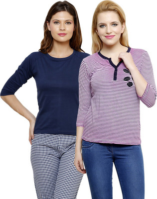 

LimeBerry Striped Women' V-neck Pink, Dark Blue T-Shirt(Pack of 2, Dark blue;pink