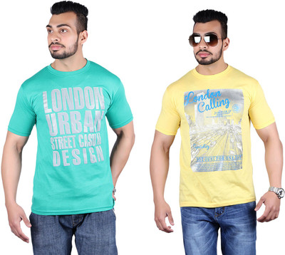 

Shineway Printed Men's Round Neck Multicolor T-Shirt(Pack of 2, Green;lightyellow