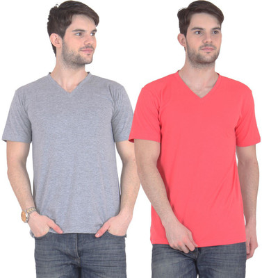 

E'Hiose Solid Men' V-neck Multicolor T-Shirt(Pack of 2, Carrot;grey