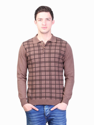 

Kalt Self Design Men Polo Neck Brown T-Shirt, Blue melange