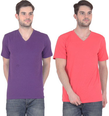 

FnMe Solid Men's V-neck Multicolor T-Shirt(Pack of 2, Carrot;purple