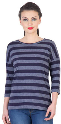 

Hypernation Striped Women's Round Neck Blue, Grey T-Shirt, Navy blue