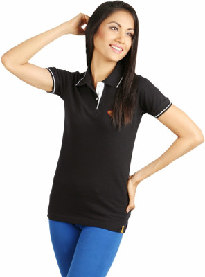 

Campus Sutra Solid Women' Polo Neck Black T-Shirt