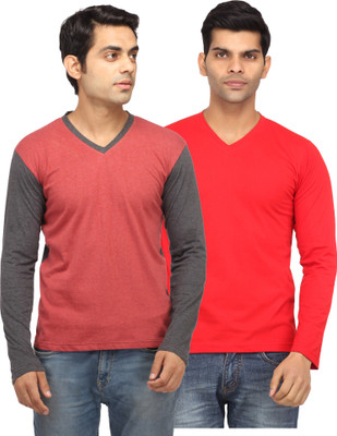 Leana Solid Men' V-neck Red, Red T-Shirt(Pack of 2