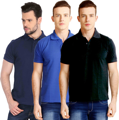 

Baremoda Solid Men's Polo Neck Dark Blue, Blue, Black T-Shirt(Pack of 3, Black;blue;navy