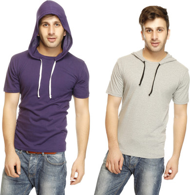 

Gritstones Solid Men' Hooded Grey, Blue T-Shirt(Pack of 2, Navy/grey melange