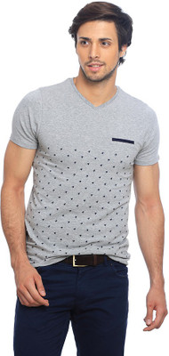 

Basics Printed Men's V-neck Grey T-Shirt