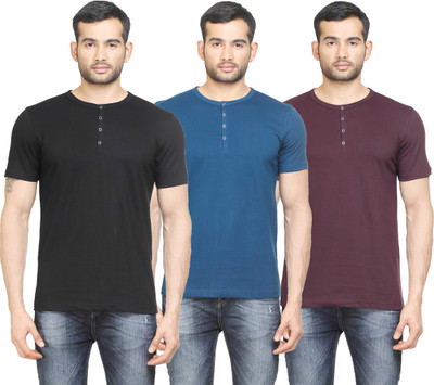 

Poshuis Solid Men' Henley Black, Blue, Maroon T-Shirt(Pack of 3, Black;dark maroon;petrol blue