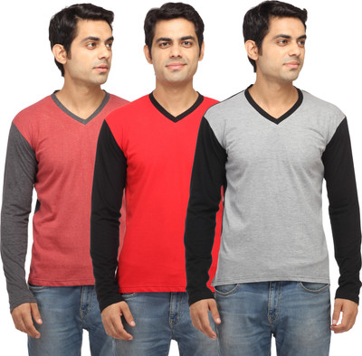

Leana Solid Men's V-neck Grey, Red, Red T-Shirt(Pack of 3