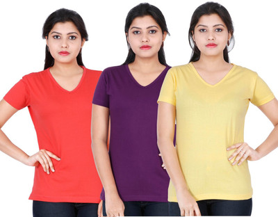 Fleximaa Solid Women V Neck Multicolor T-Shirt
