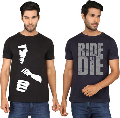 

SayItLoud Printed Men's Round Neck Black, Blue T-Shirt(Pack of 2, Black;navy blue