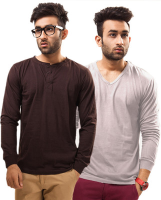 

Unisopent Designs Solid Men' Henley Brown, Grey T-Shirt(Pack of 2