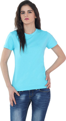 

The Cotton Company Solid Women' Round Neck Light Blue T-Shirt, Carribean sky blue