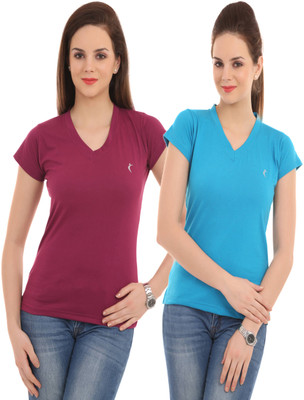 

Ultra Fit Solid Women's V-neck Blue, Maroon T-Shirt(Pack of 2), Skyblue;wine
