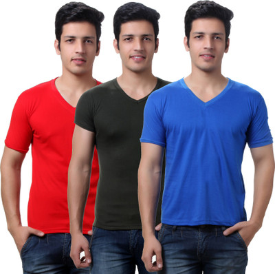 

TeeMoods Solid Men's V-neck Red, Blue, Dark Green T-Shirt(Pack of 3), Blue;mehendi;red