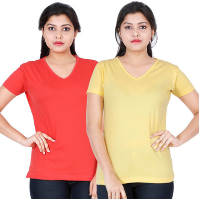 Fleximaa Solid Women V Neck Red T-Shirt