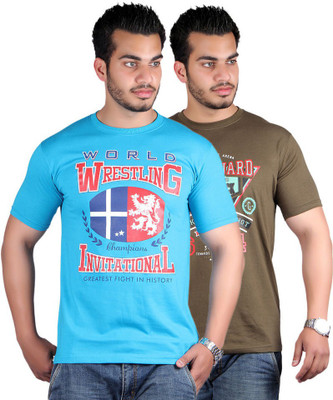

Shineway Graphic Print Men's Round Neck Multicolor T-Shirt(Pack of 2, Coffee;turquoise