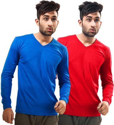 

Unisopent Designs Solid Men's V-neck Blue, Red T-Shirt(Pack of 2, Royal blue