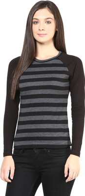 

Hypernation Striped Women's Round Neck Black, Grey T-Shirt