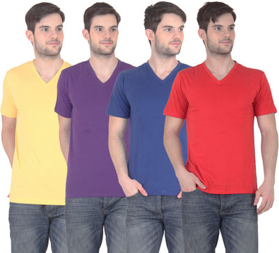 

E'Hiose Solid Men's V-neck Multicolor T-Shirt(Pack of 4, Blue;purple;red;yellow