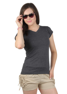 

SayItLoud Solid Women's V-neck Grey T-Shirt, Blackmelange